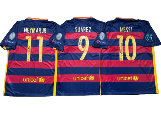 Gesigneerde shirts Lionel Messi, Luis Suarez, Neymar JR